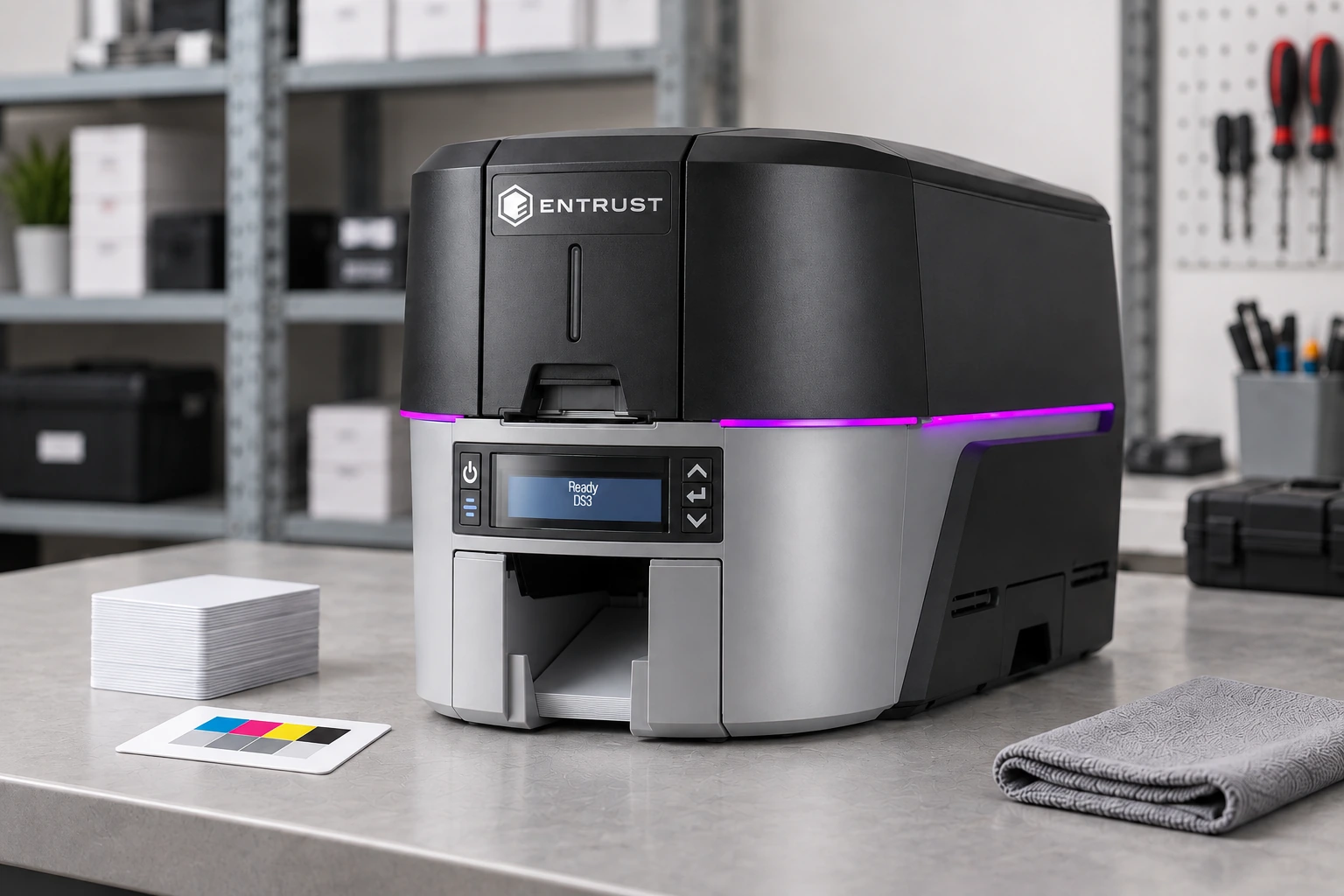Entrust Sigma DS3 на сервисном столе с пластиковыми картами
