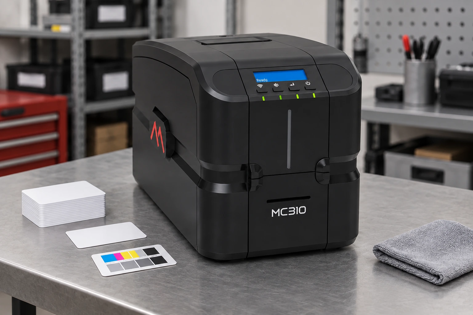 Matica MC310 на сервисном столе с пластиковыми картами