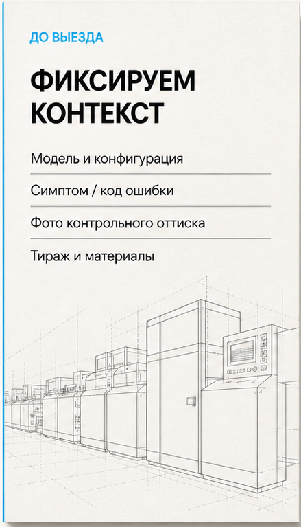 До выезда: фиксируем модель, конфигурацию, симптом, код ошибки, контрольный отпечаток, тираж и материалы.