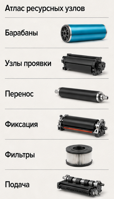 Атлас ресурсных узлов: барабаны, проявка, перенос, фиксация, фильтры и подача.
