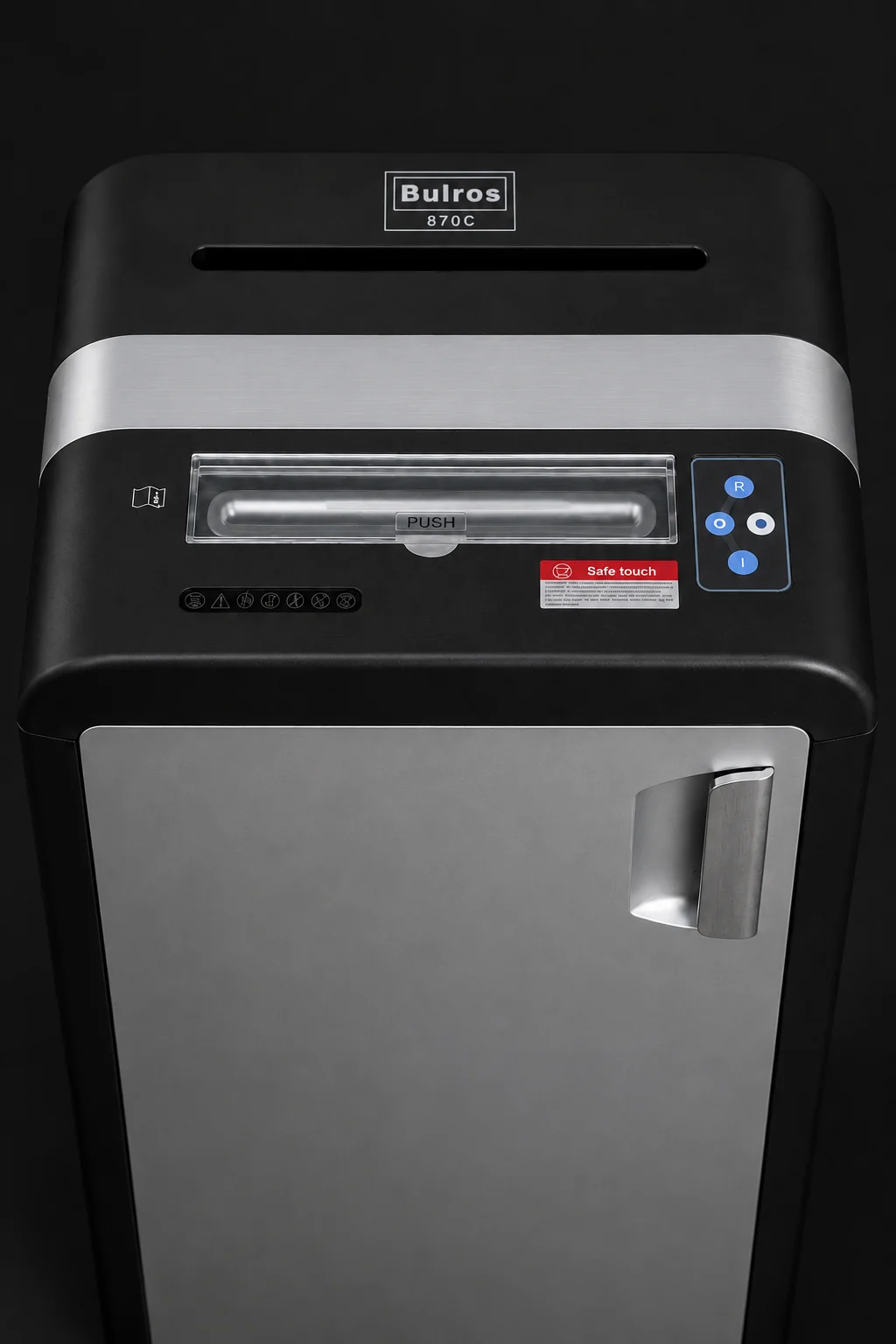 Иллюстрация верхней панели Bulros 870C: защитная крышка, отдельные входы бумаги и CD, четыре органа управления и Safe touch