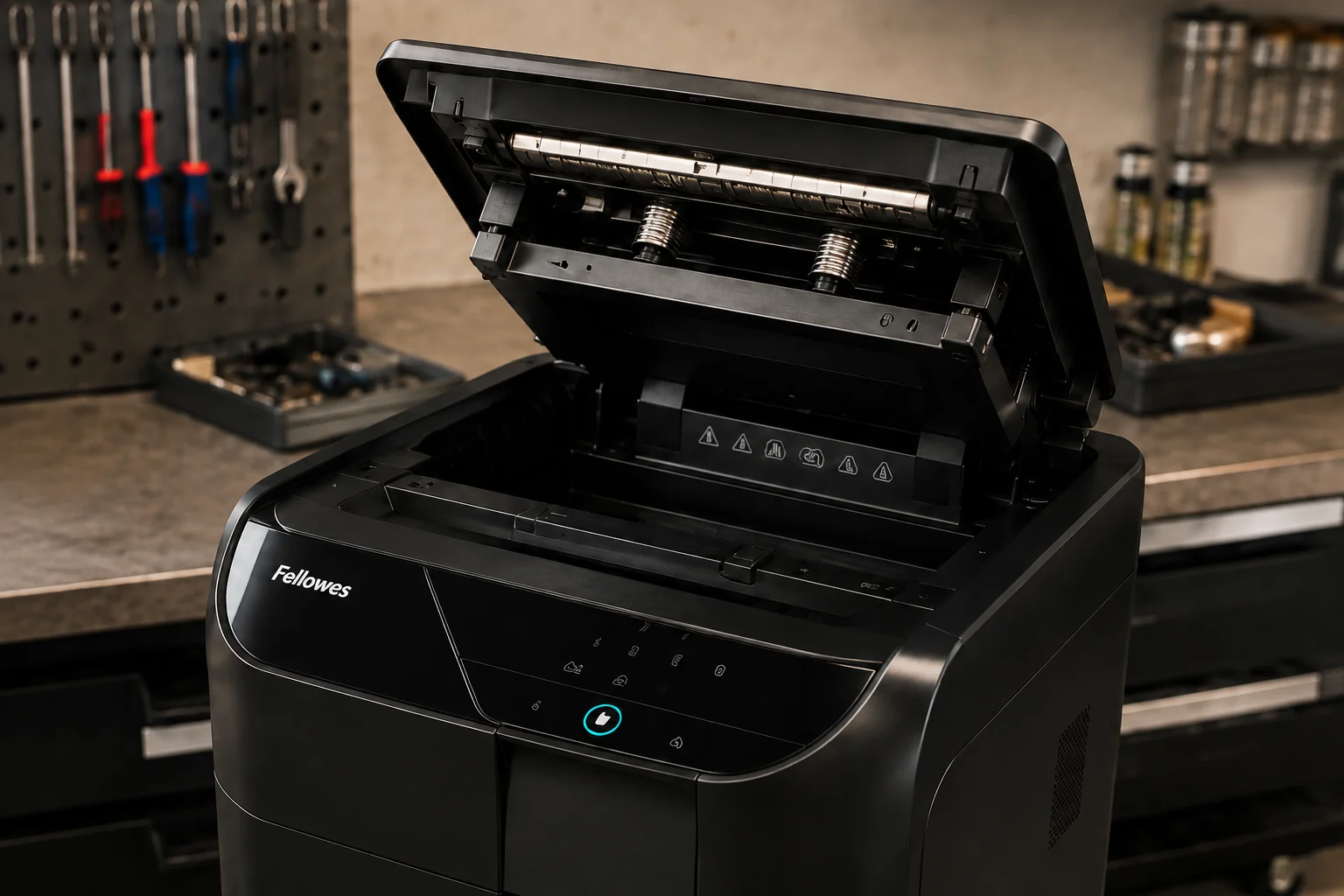 Иллюстрация обслуживания Fellowes AutoMax с открытым верхним загрузочным лотком