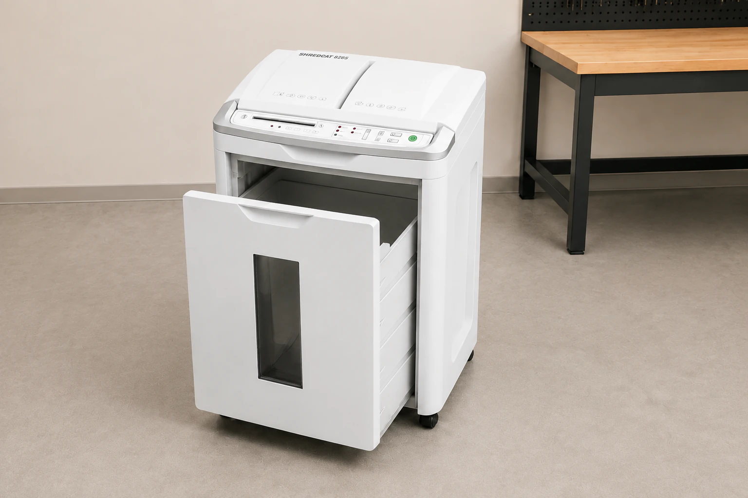 Иллюстрация обслуживания IDEAL Shredcat 8285 с выдвинутым контейнером